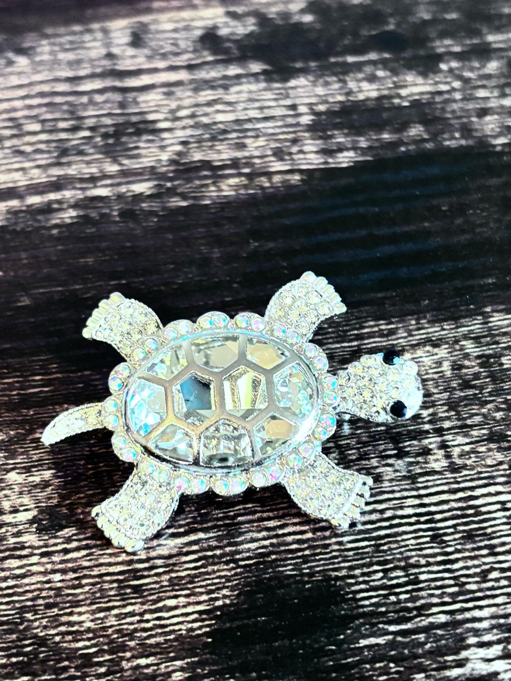 Sparkling Turtle Brooch in Silver with Crystal Accents